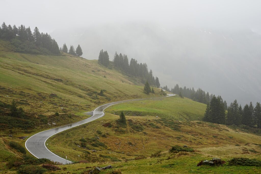 road, fog, mountains, austria, pass road, curves, landscape, nature, landscape, landscape, landscape, nature, nature, nature, nature, nature